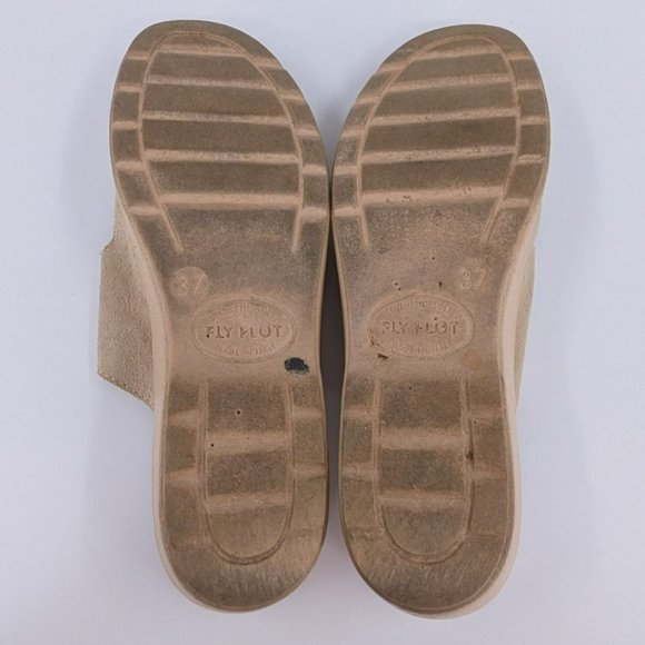 Fly Flot Slides 37 5.5 Tan Leather Two Strap Buckle Open Toe Italy Made Comfort - Picture 12 of 14